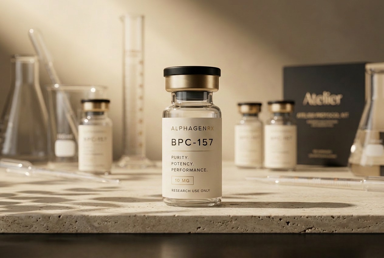 AlphaGen Rx luxury peptide vial in a travertine research atelier